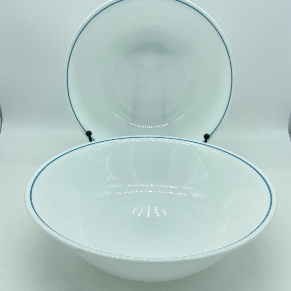 Corelle 8.5" Serving Bowls Aqua Blue Stripe Vintage Glass Minimalist‎ Set Of 2